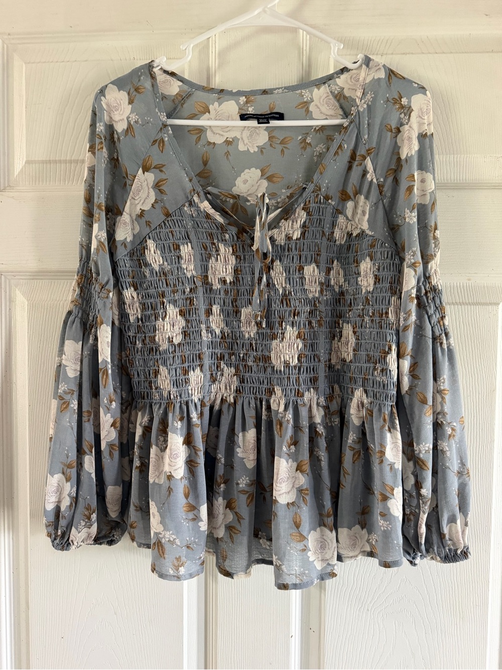 American Eagle Outfitters Dusty Blue Floral Smocked Peplum Blouse